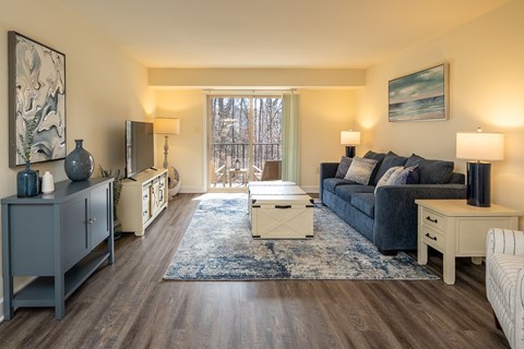 A living room with a grey sofa and a wooden floor.
