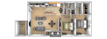 Two Bedroom two bath plus den 3D floorplan at Deer Park Apartments