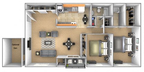 Two Bedroom two bath plus den 3D floorplan at Deer Park Apartments