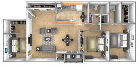 3 bedroom 2 bathroom floor plan with den at Deer Park Apartments in Randallstown, MD