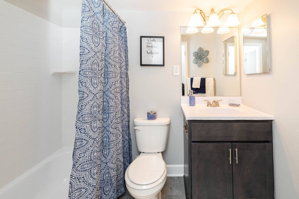 Bathroom with a white sink and toilet next to a shower at Fairbrook Park, Maryland
