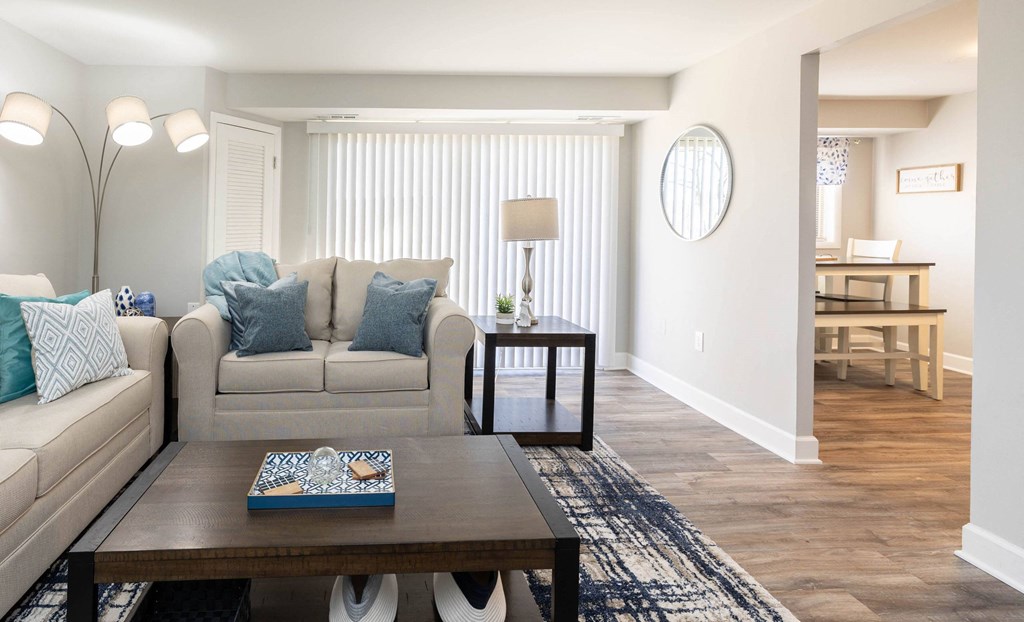 A living room with white walls and a blue and white rug at Fairbrook Park, Baltimore, MD 21244