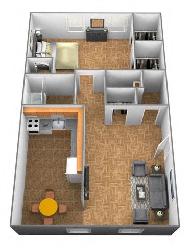1 bedroom 1 bathroom 3D floor plan at Winston Apartments, Baltimore, 21239