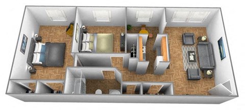 2 bedroom 1 bathroom 3D floor plan at Winston Apartments, Baltimore Maryland