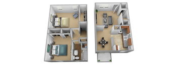 2 Bedroom 1 bathroom 3D Floorplan at Yorktowne Townhomes Apartments, Hanover, 17331