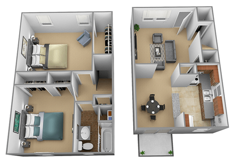 2 Bedroom 1 bathroom 3D Floorplan at Yorktowne Townhomes Apartments, Hanover, 17331