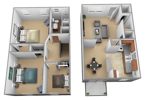3 Bedroom 3D Floorplan at Yorktowne Townhomes Apartments, Hanover