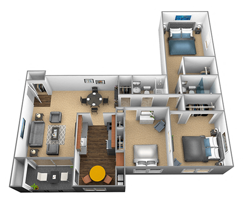 3 bedroom 2 bathroom floor plan at Ivy Hall Apartments*, Towson, MD