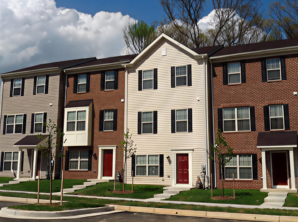 A row of townhouses with red doors and white trim.