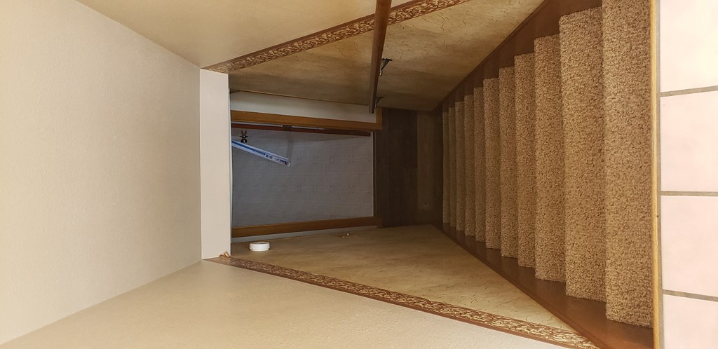 a hallway with a shower and a carpet in a room
