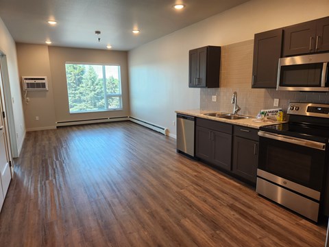 A kitchen with dark wood floors and stainless steel appliances.