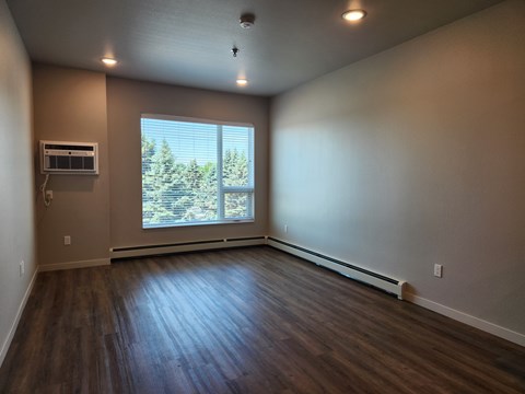 A room with a window and a wall-mounted air conditioner.