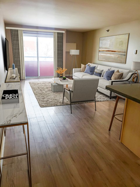 A living room with a grey couch and a wooden floor.