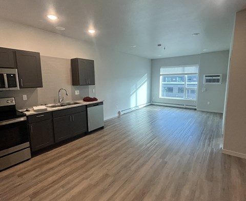 an empty kitchen and living room in an empty apartment