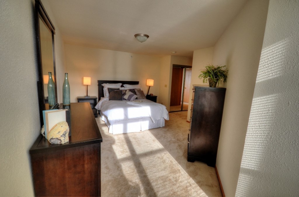 a bedroom with a bed and a dresser and a window