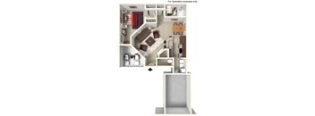 A 3D floor plan of a small apartment with a kitchen, living room, and bathroom.