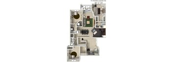 A 3D floor plan of a house with a living room, kitchen, dining room, and bathrooms.