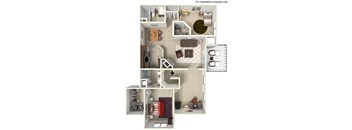 A detailed 3D floor plan of a house showing all rooms and their layouts.
