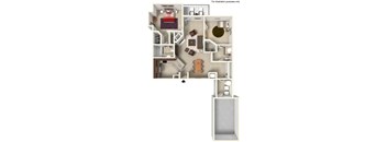 A top down view of a house interior with a kitchen, living room, dining room, and bedrooms.