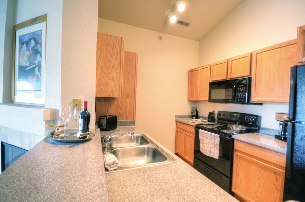a kitchen with a sink and a stove and a refrigerator