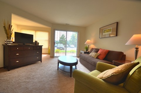 A living room with a green couch and a television.