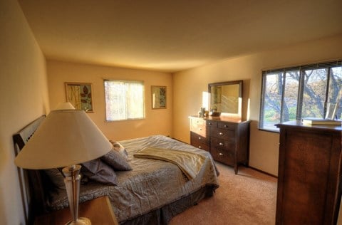 a bedroom with a bed and dresser and a window