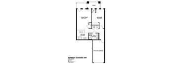 A floor plan of a home with a living room, bedroom, kitchen, bathroom, and attached garage.