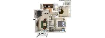 A 3D floor plan of a house showing the layout of the rooms.