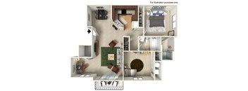 A 3D rendered image of a house layout.