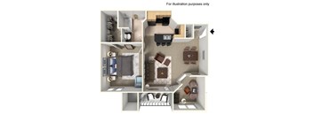 A 3D floor plan of a small apartment with a kitchen, living room, and bedroom.