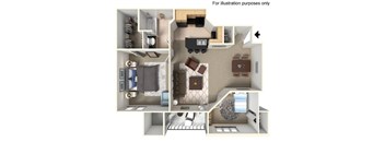 A 3D floor plan of a small apartment with a kitchen, living room, and bedroom.