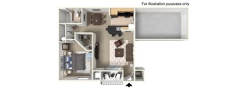 A cutaway diagram of a room showing a couch, a bed, a desk, and a chair.