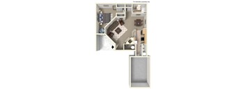A 3D floor plan of a house with a kitchen, living room, and bedrooms.