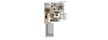 A floor plan of a small apartment with a kitchen, living room, and bathroom.