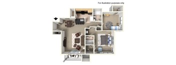 A 3D floor plan of a house with rooms labeled.