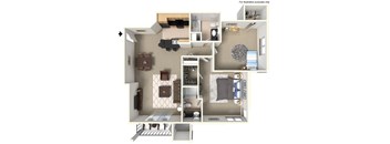 A 3D floor plan of a small apartment with a kitchen, living room, and bedroom.