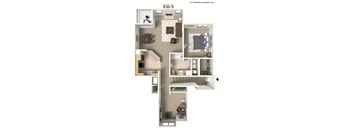 A floor plan of a small apartment with a kitchen, living room, and bedroom.