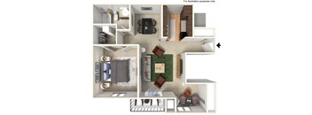 A top-down view of a small apartment layout with a kitchen, living room, and bedroom.