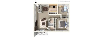A 3D floor plan of a small apartment with a kitchen, living room, and bathroom.