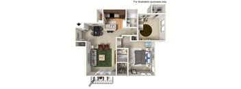 A 3D floor plan of a small apartment with a kitchen, living room, and bedroom.