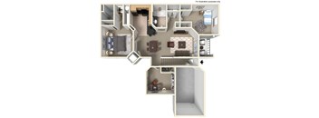 A detailed 3D floor plan of a modern apartment layout.