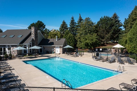 A large swimming pool surrounded by lounge chairs and umbrellas.