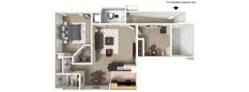 A 3D floor plan of a small apartment with a kitchen, living room, and bedroom.