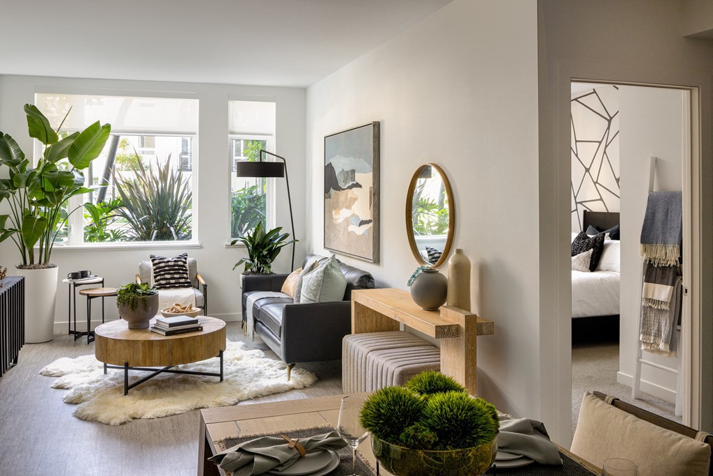 Modern interior living room at Sixth & Jackson apartments in San Jose.