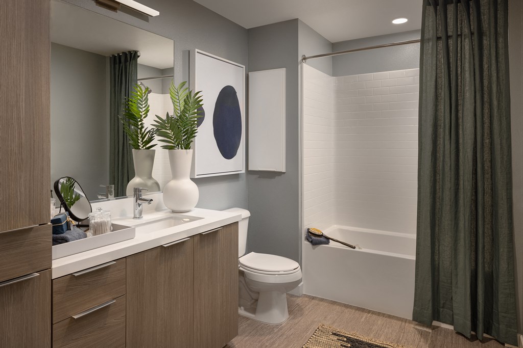 Modern interior bathroom at Sixth & Jackson apartments in San Jose.