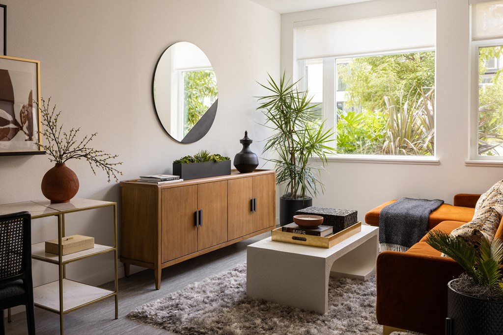 Modern interior living room at Sixth & Jackson apartments in San Jose.