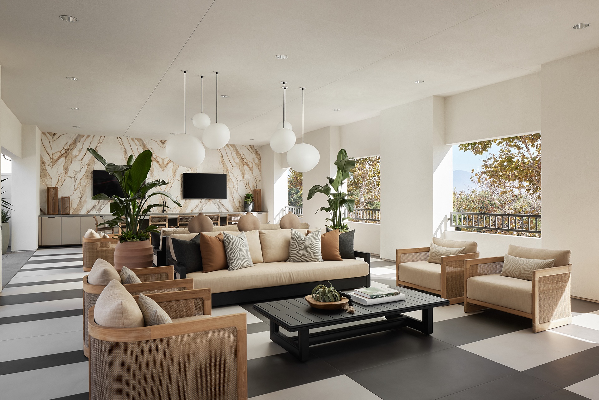 Upstairs semi-outdoor lounge at City Lights at Town Center Apartments in Aliso Viejo