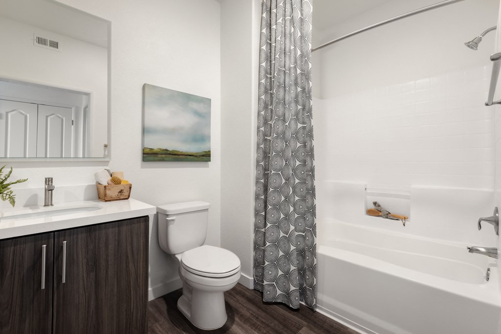 Updated bathrooms with  wood-style flooring at City Lights at Town Center Apartments in Aliso Viejo
