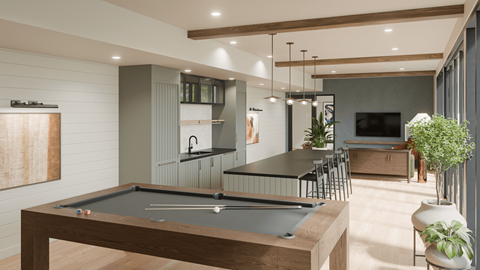 The clubhouse amenity with billiards at Bloom at Portola in Livermore.