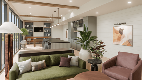 A clubhouse lounge amenity with plenty of seating and a kitchen at Bloom at Portola in Livermore.